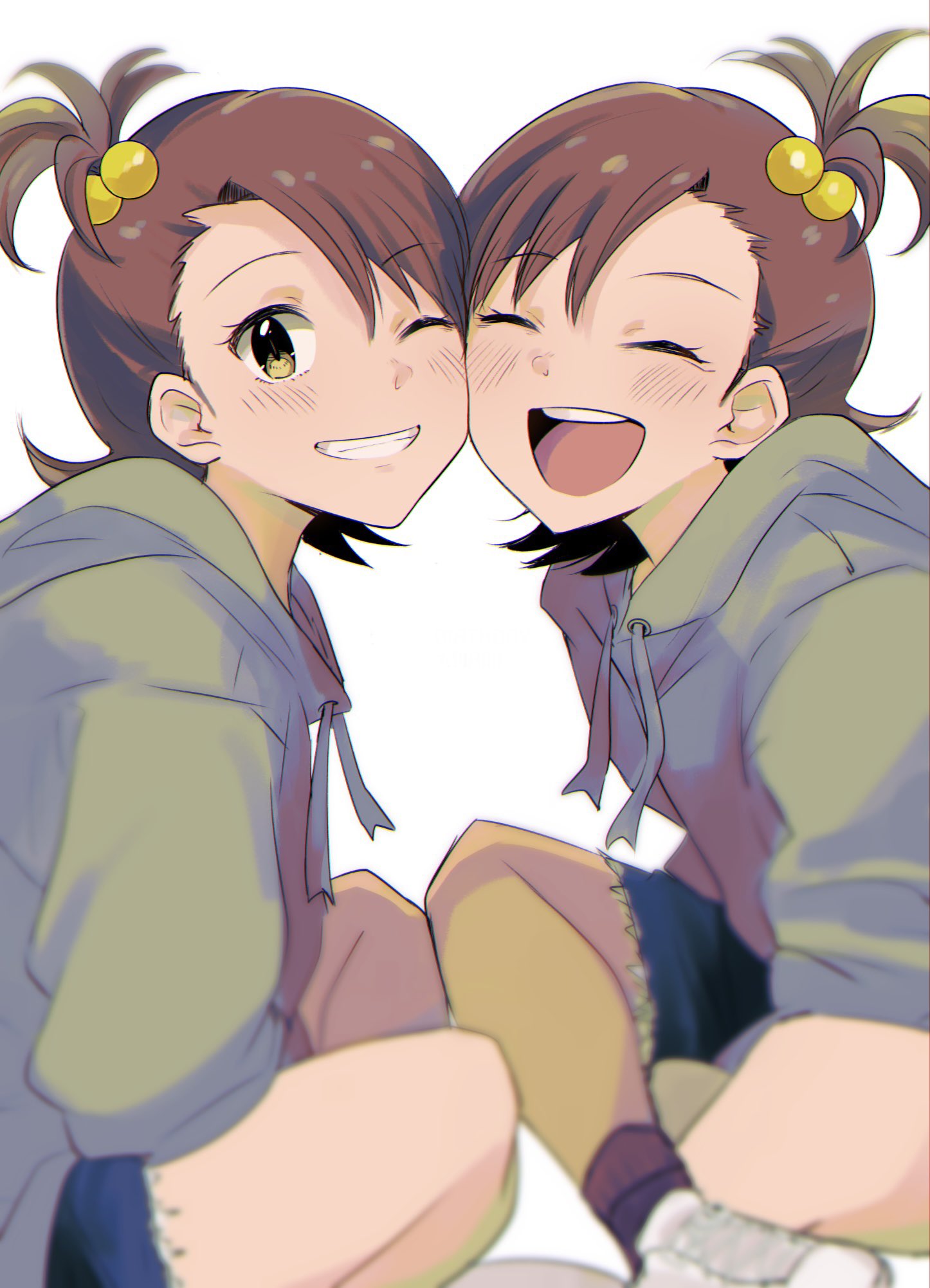 2girls, ;d, ^_^, ^o^, alternate_hairstyle, asymmetrical_bangs, bangs, beads, blush, brown_hair, cheek-to-cheek, closed_eyes, denim, denim_shorts, futami_ami, futami_mami, grey_hoodie, grin, hair_beads, hair_ornament, heads_together, highres, hood, hoodie, idolmaster, idolmaster_(classic), indian_style, looking_at_viewer, multiple_girls, one_eye_closed, one_side_up, shorts, siblings, simple_background, sisters, sitting, smile, symmetry, twins, yokoya_inori