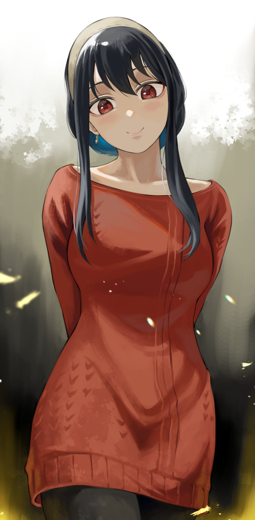 1girl, absurdres, arms_behind_back, bangs, black_legwear, blush, breasts, closed_mouth, dress, earrings, fengling_(furin-jp), gold_earrings, hairband, highres, jewelry, long_hair, looking_at_viewer, pantyhose, red_eyes, red_sweater, short_hair_with_long_locks, sidelocks, smile, solo, spy_x_family, sweater, sweater_dress, white_hairband, yor_briar