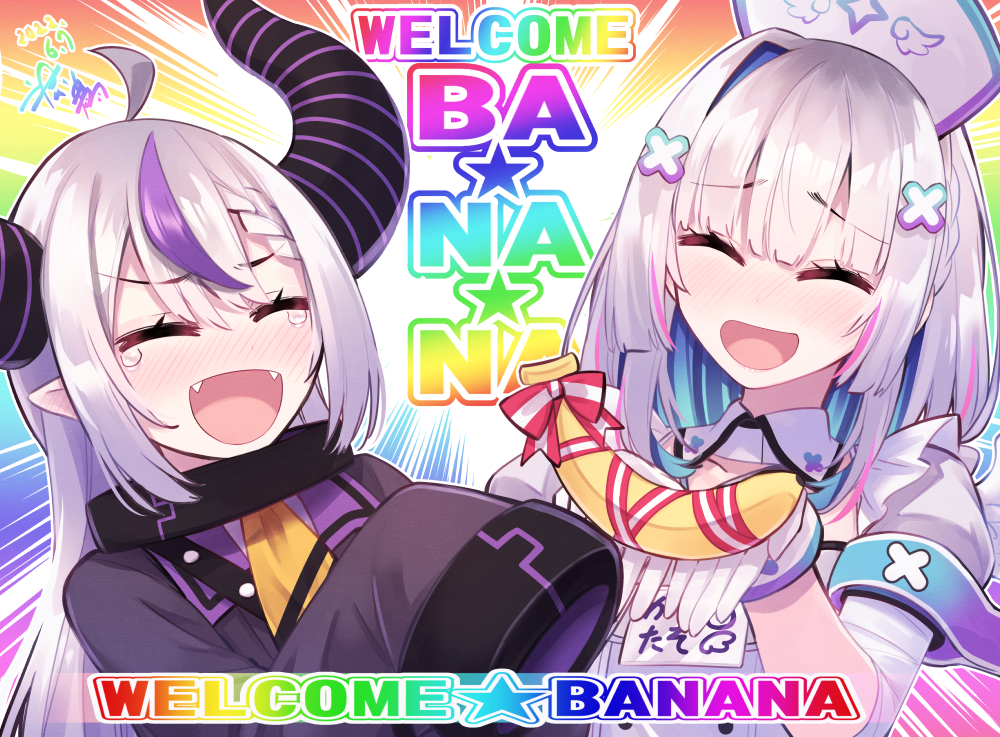 2girls, :d, ahoge, amane_kanata, armband, ascot, banana, bandaged_arm