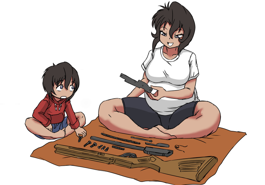 2girls, absurdres, bangs, blue_eyes, breasts, brown_hair, child, dark-skinned_female