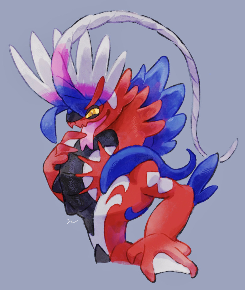 colored_sclera, commentary_request, grey_background, hand_up, hemhemhoo, highres, koraidon, no_humans, open_mouth, orange_eyes, pokemon, pokemon_(creature), simple_background, solo, spikes, tongue, tongue_out, yellow_sclera