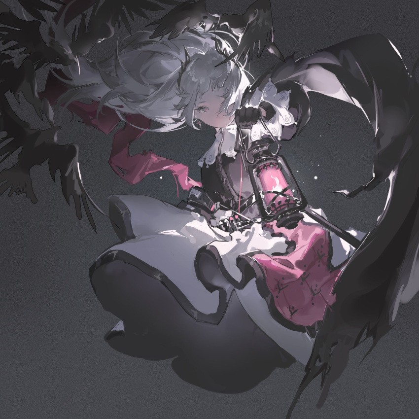 1girl, arknights, bird, black_jacket, capelet, cowboy_shot, crow, fire