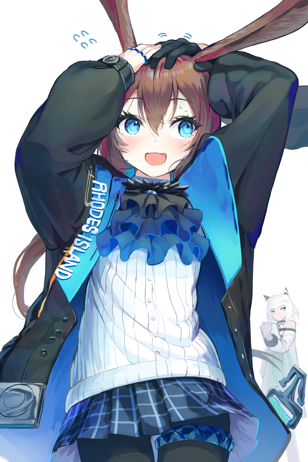 1other, 2girls, amiya_(arknights), animal_ears, arknights, ascot, black_jacket, blue_ascot