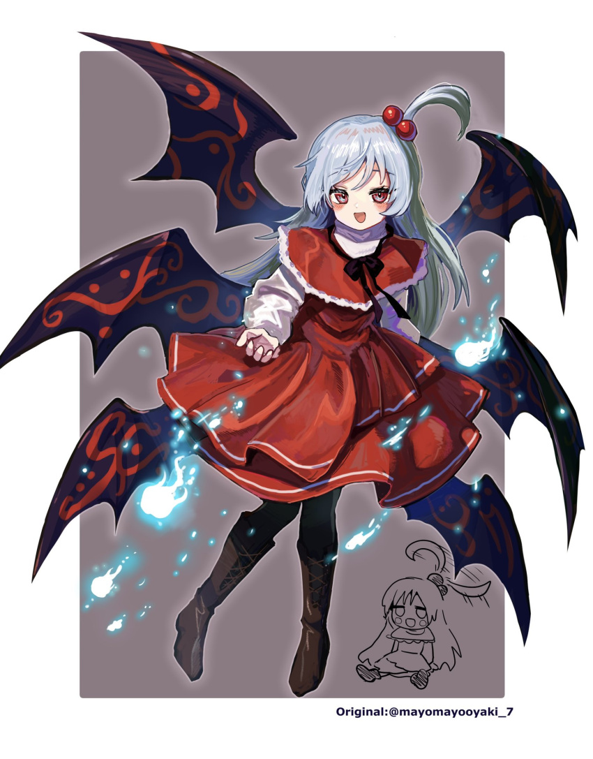 1girl, :d, black_footwear, boots, chibi, chibi_inset, dress, full_body