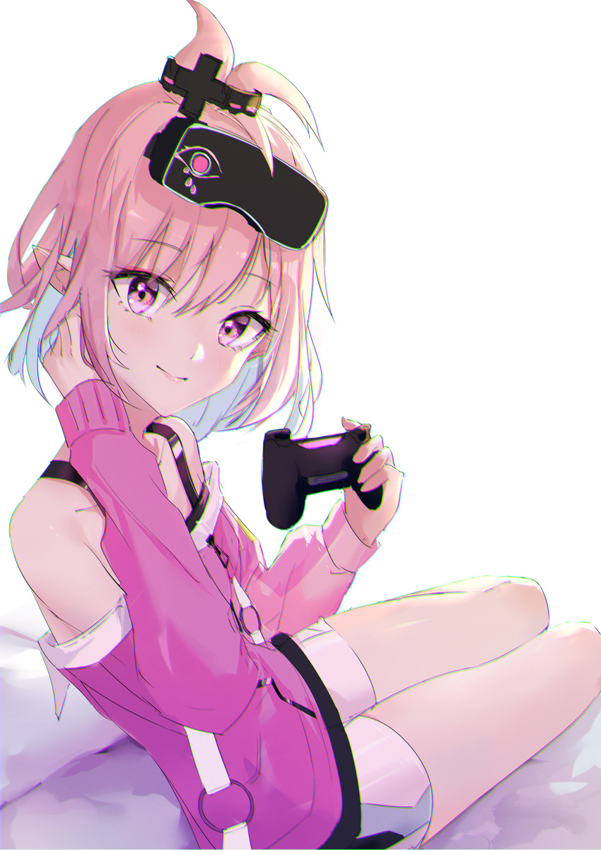 1girl, arknights, bangs, bare_shoulders, blue_hair, closed_mouth, controller, eyebrows_visible_through_hair