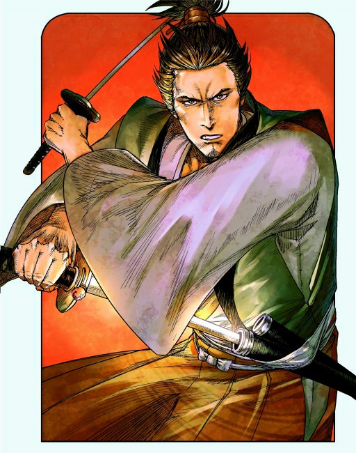 1boy, brown_eyes, commentary_request, dual_wielding, facial_hair, holding, incoming_attack, japanese_clothes
