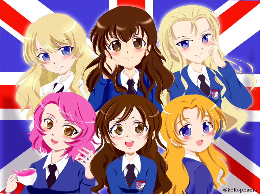 6+girls, alternate_hairstyle, assam_(girls_und_panzer), black_tea, blonde_hair, blue_hair, brown_eyes, commentary