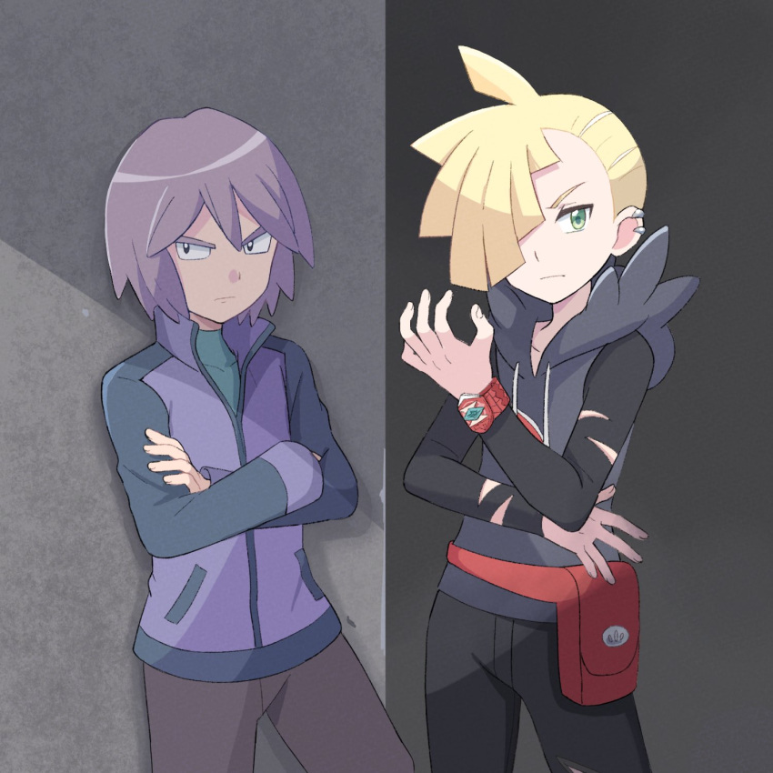 2boys, ahoge, bangs, black_eyes, blonde_hair, bracelet, brown_pants, closed_mouth