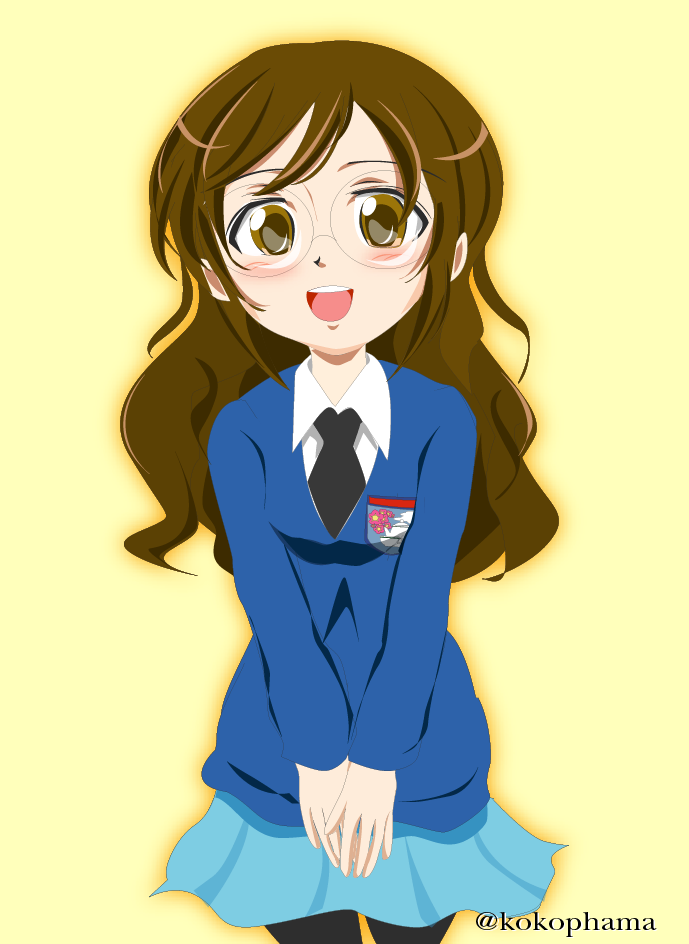 alternate_hairstyle, black_legwear, blue_jacket, blue_skirt, blush, brown_eyes, brown_hair, commentary