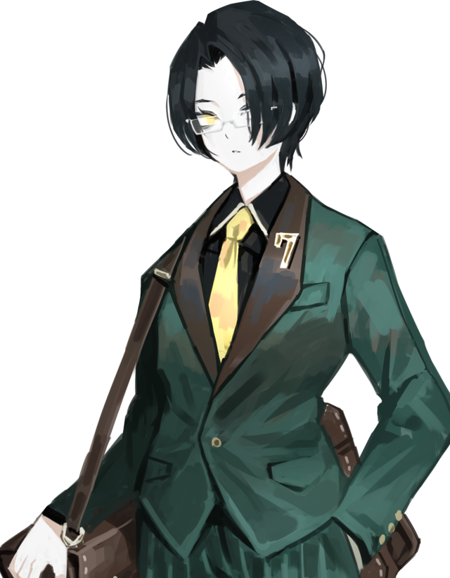 1boy, bag, black_hair, black_shirt, formal, glasses, green_jacket, green_pants, hair_over_one_eye, han_hee-joon, hand_in_pocket, jacket, necktie, official_art, pants, project_moon, shirt, short_hair, the_distortion_detective, yellow_eyes, yellow_necktie