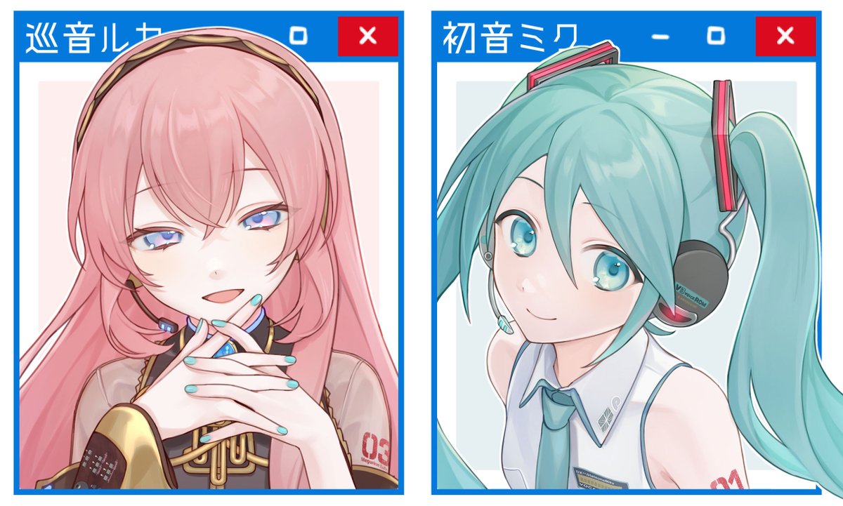 2girls, aqua_eyes, aqua_hair, blue_eyes, earphones, hands_up, hatsune_miku, long_hair