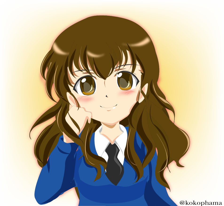 alternate_hairstyle, black_necktie, blue_jacket, blush, brown_eyes, brown_hair, commentary, commentary_request