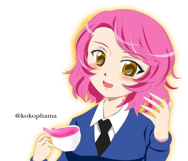 black_necktie, black_tea, blue_jacket, blush, brown_eyes, commentary, commentary_request, cup