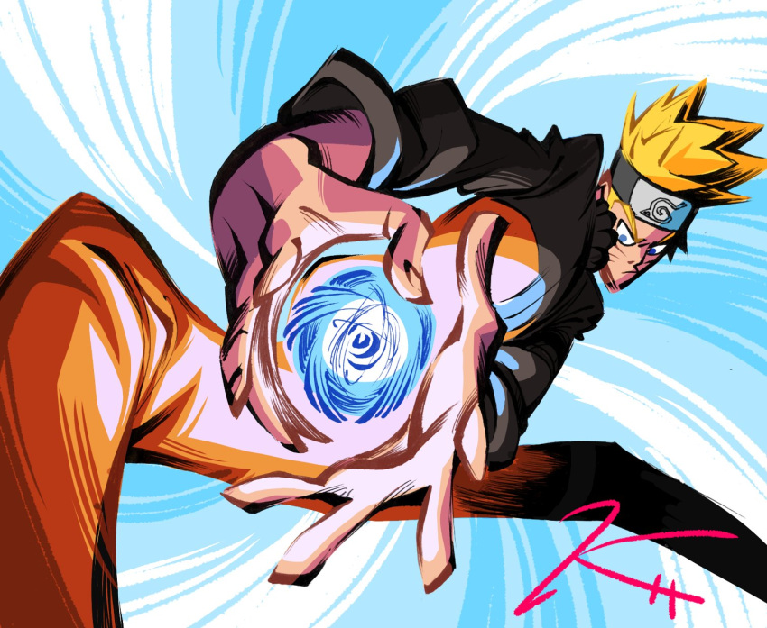 1boy, blonde_hair, blue_eyes, clenched_hand, commentary, headband, highres, konohagakure_symbol