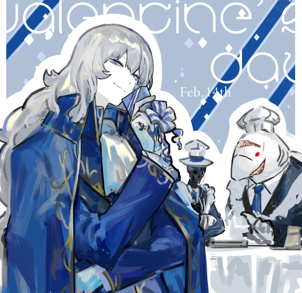 1girl, 2boys, argalia_(library_of_ruina), blue_cape, blue_eyes, blue_jacket, blue_necktie, cape