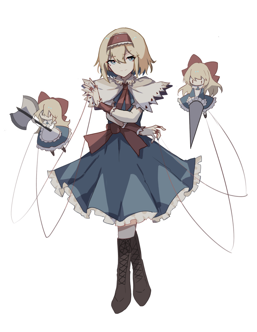 1girl, alice_margatroid, axe, blonde_hair, blue_dress, blue_eyes, boots, bow, brown_footwear, capelet, closed_mouth, cross-laced_footwear, dress, frilled_dress, frilled_hairband, frills, full_body, hair_between_eyes, hairband, highres, holding, holding_axe, holding_polearm, holding_weapon, lance, looking_at_viewer, neckerchief, polearm, red_bow, red_hairband, red_neckerchief, shanghai_doll, short_hair, simple_background, smile, solo, split_mouth, string, touhou, v-shaped_eyebrows, waist_bow, weapon, white_background, white_capelet, wrist_cuffs, zhuanjia710