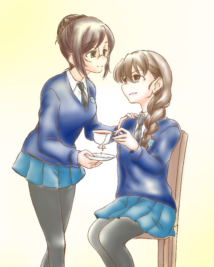 black_legwear, black_necktie, blue_jacket, blue_skirt, braid, breasts, brown_eyes, brown_hair