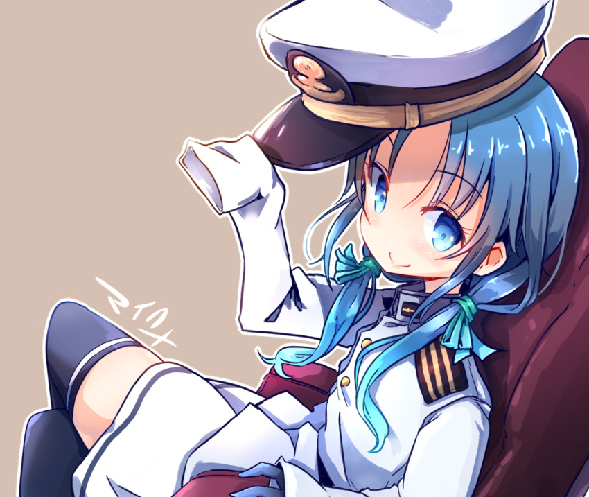 1girl, admiral_(kancolle), admiral_(kancolle)_(cosplay), black_legwear, blue_eyes, blue_hair, cosplay, hat