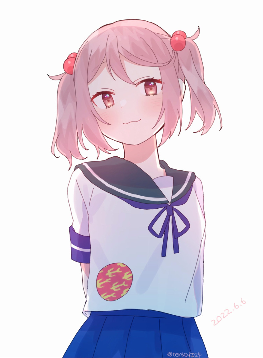 1girl, :3, arms_behind_back, badge, blue_sailor_collar, blue_skirt, hair_bobbles, hair_ornament, highres, kantai_collection, looking_at_viewer, one-hour_drawing_challenge, pink_eyes, pink_hair, sailor_collar, sazanami_(kancolle), school_uniform, serafuku, short_hair, simple_background, skirt, solo, tenyako_(mirasato24), twintails, upper_body, white_background