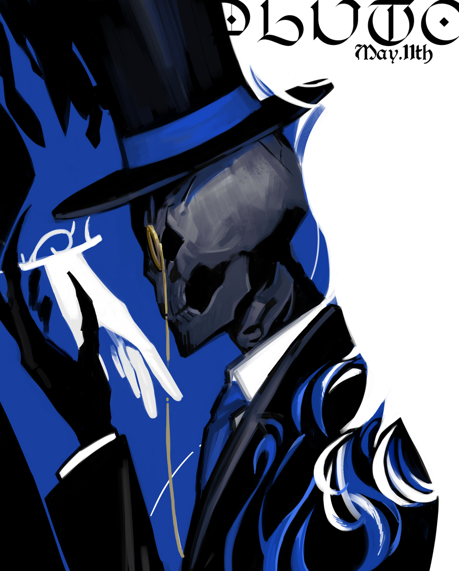 1boy, black_gloves, blue_necktie, formal, from_side, gloves, hat, library_of_ruina, long_sleeves, monocle, necktie, nishikujic, pluto_(library_of_ruina), project_moon, shirt, skull, suit, top_hat, white_shirt