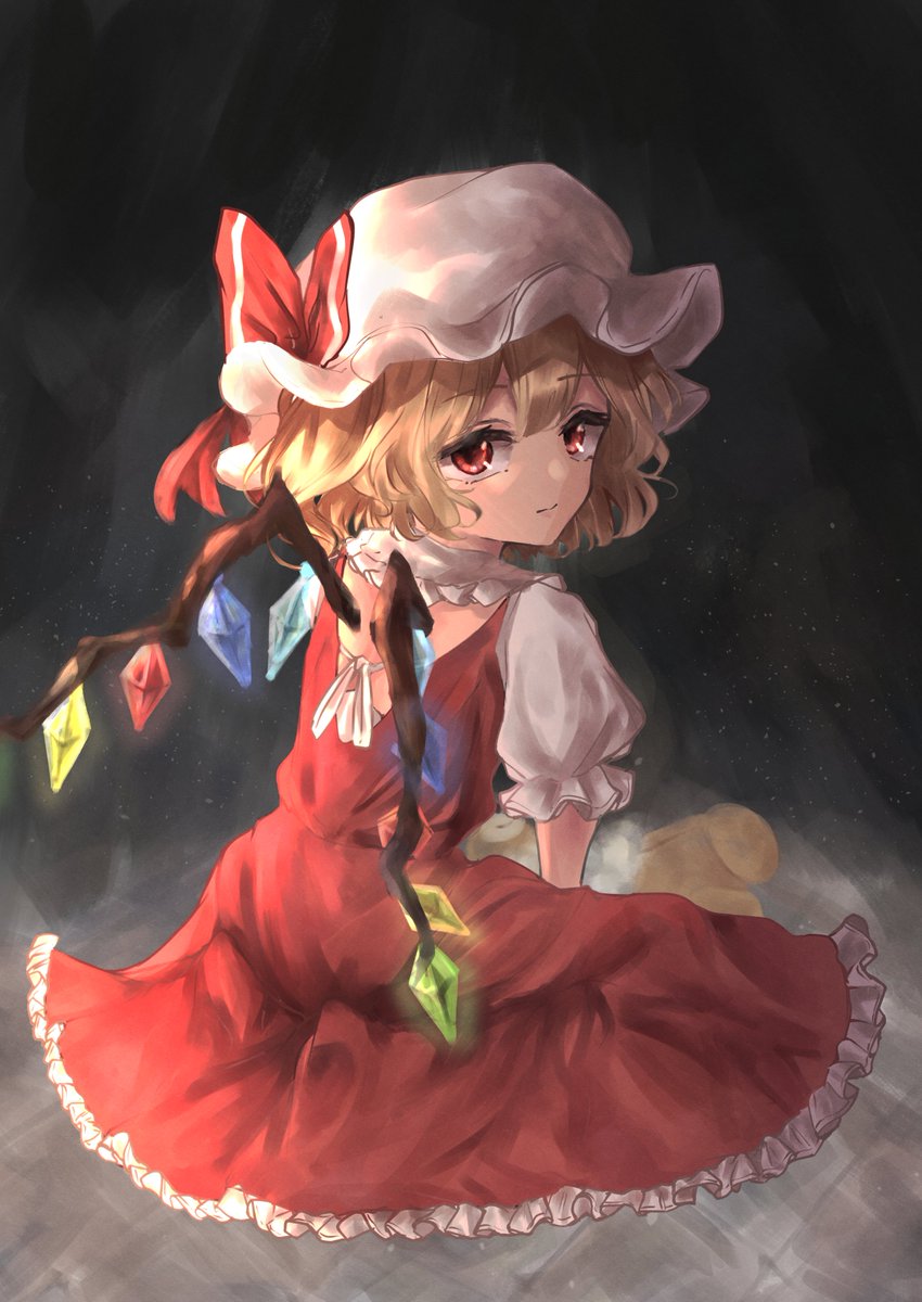 1girl, blonde_hair, crystal, dress, fang, flandre_scarlet, frilled_sleeves, frills