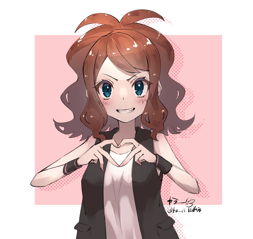 1girl, antenna_hair, bangs, black_vest, blue_eyes, brown_hair, commentary, grin, heart, heart_hands, highres, hilda_(pokemon), ka_ei_volltis, looking_at_viewer, medium_hair, pokemon, pokemon_(game), pokemon_bw, shirt, sidelocks, smile, solo, swept_bangs, tank_top, teeth, twitter_username, upper_body, v-shaped_eyebrows, vest, white_shirt, wristband