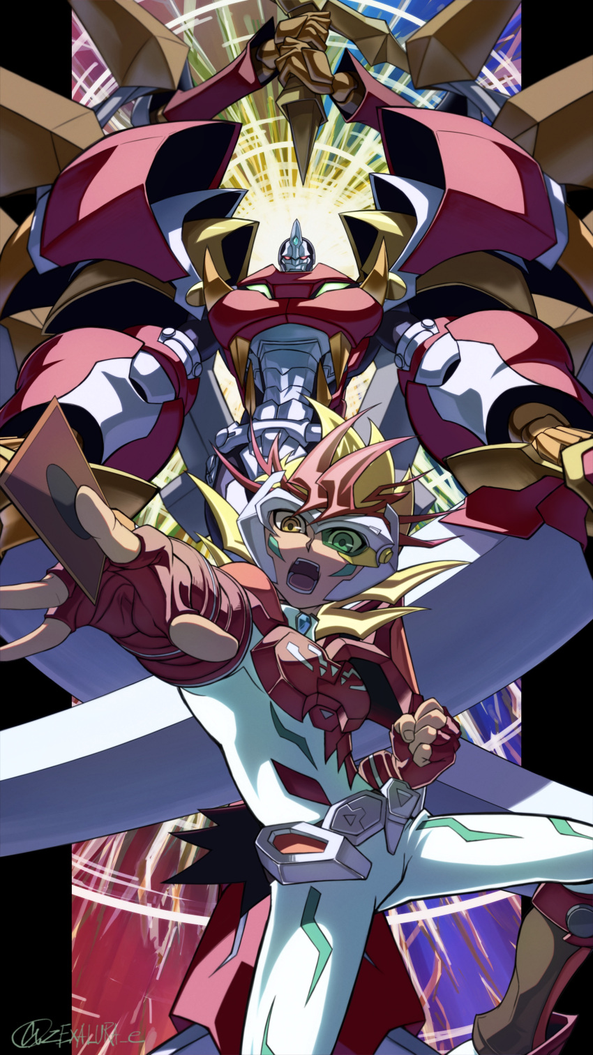 1boy, absurdres, armor, belt, blonde_hair, card, chaos_number_39_utopia_ray, clenched_hand