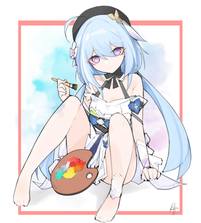 1girl, absurdres, ankle_cuffs, barefoot, blue_background, blue_hair, dress, error1980