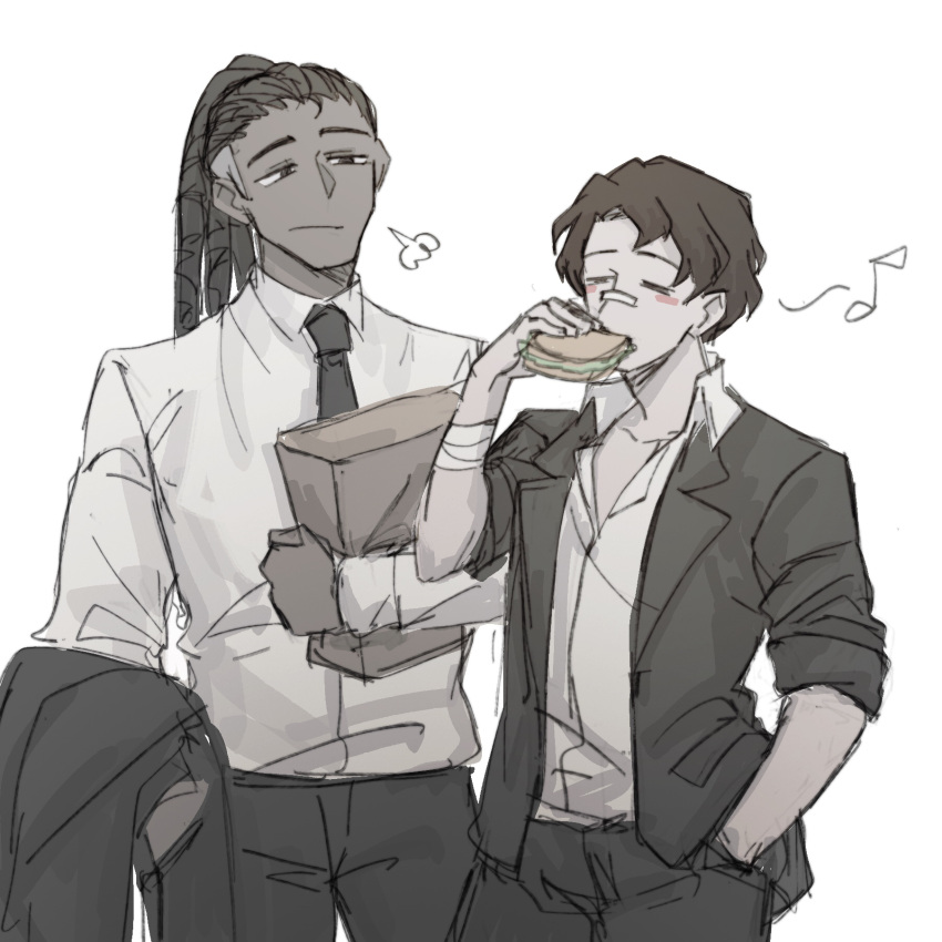2boys, bag, bandaged_arm, bandages, bandaid, bandaid_on_face, bandaid_on_nose, black_eyes, black_hair, black_necktie, black_pants, closed_eyes, coat, dark-skinned_male, dark_skin, dreadlocks, eating, food, hand_in_pocket, highres, holding, holding_bag, holding_clothes, holding_coat, ira, library_of_ruina, long_hair, multiple_boys, musical_note, necktie, olivier_(library_of_ruina), pants, project_moon, roland_(library_of_ruina), sandwich, shirt, short_hair, sigh, white_background, white_shirt