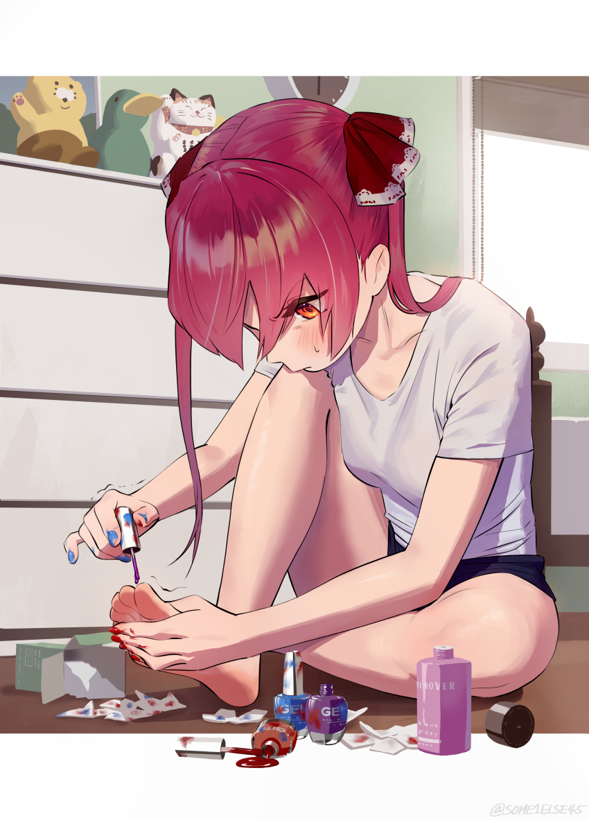 1girl, absurdres, alternate_costume, bangs, bare_legs, barefoot, bed, bedroom