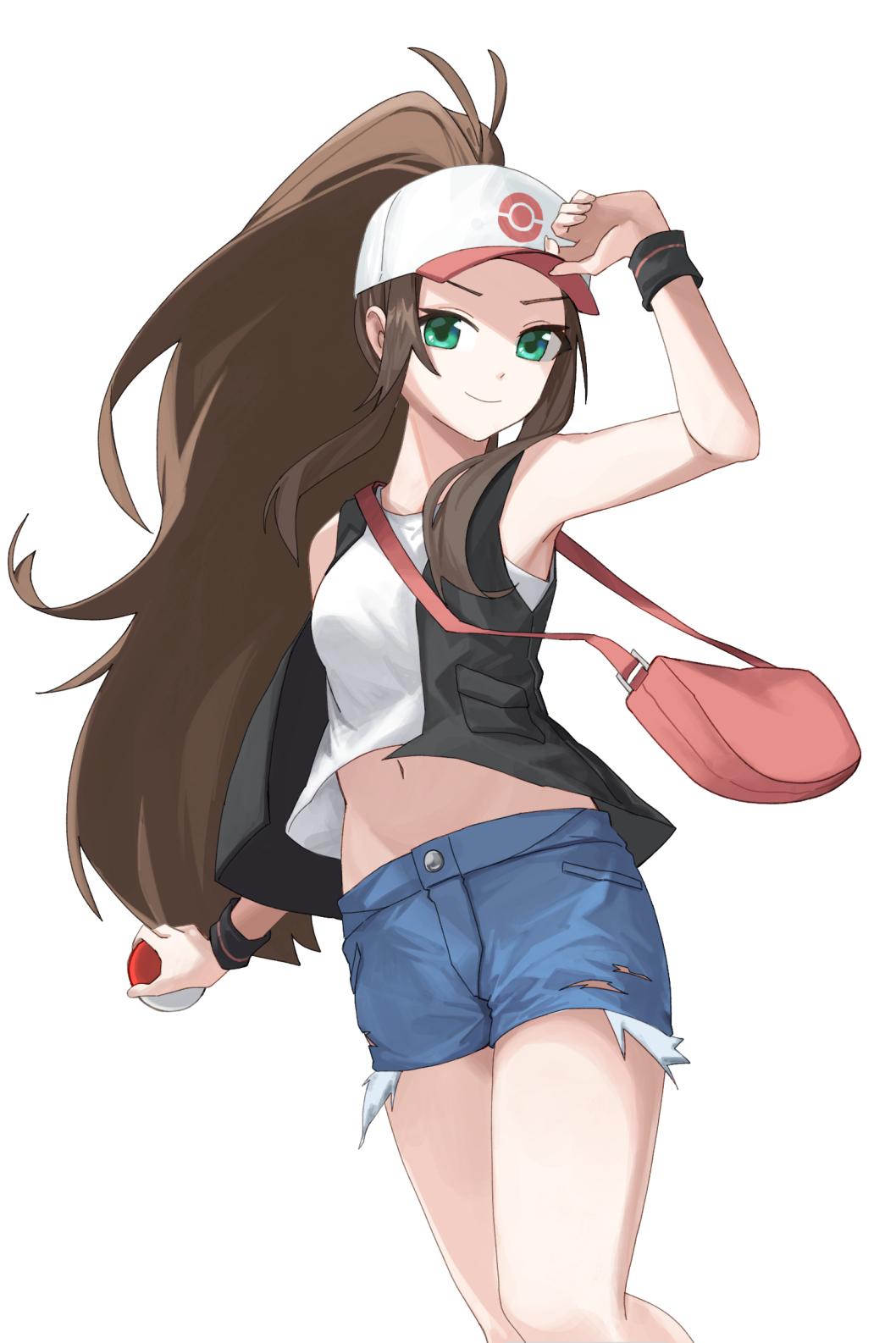 1girl, 26th, armpits, bag, bare_arms, bare_legs, black_vest, blue_shorts, brown_hair, closed_mouth, denim, denim_shorts, green_eyes, handbag, hat, high_ponytail, highres, hilda_(pokemon), holding, holding_poke_ball, long_hair, midriff, navel, open_clothes, open_vest, poke_ball, pokemon, pokemon_(game), pokemon_bw, shiny, shiny_hair, shirt, short_shorts, shorts, simple_background, sleeveless, sleeveless_shirt, smile, solo, standing, stomach, torn_clothes, torn_shorts, very_long_hair, vest, white_background, white_headwear, white_shirt, wristband