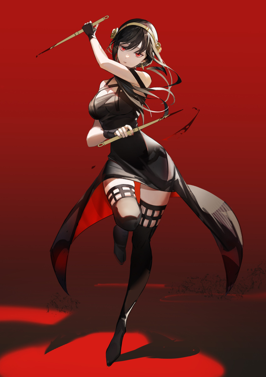1girl, absurdres, bangs, black_dress, black_footwear, black_gloves, black_hair, blood, blood_splatter, boots, dress, dual_persona, fingerless_gloves, floating_hair, flower, full_body, gloves, hair_between_eyes, hair_flower, hair_ornament, hairband, highres, holding, holding_weapon, long_hair, looking_at_viewer, parted_lips, red_background, red_eyes, short_dress, sleepless_(wrysmile), sleeveless, sleeveless_dress, solo, spy_x_family, standing, standing_on_one_leg, thigh_boots, waist_cape, weapon, yellow_flower, yellow_hairband, yor_briar, zettai_ryouiki