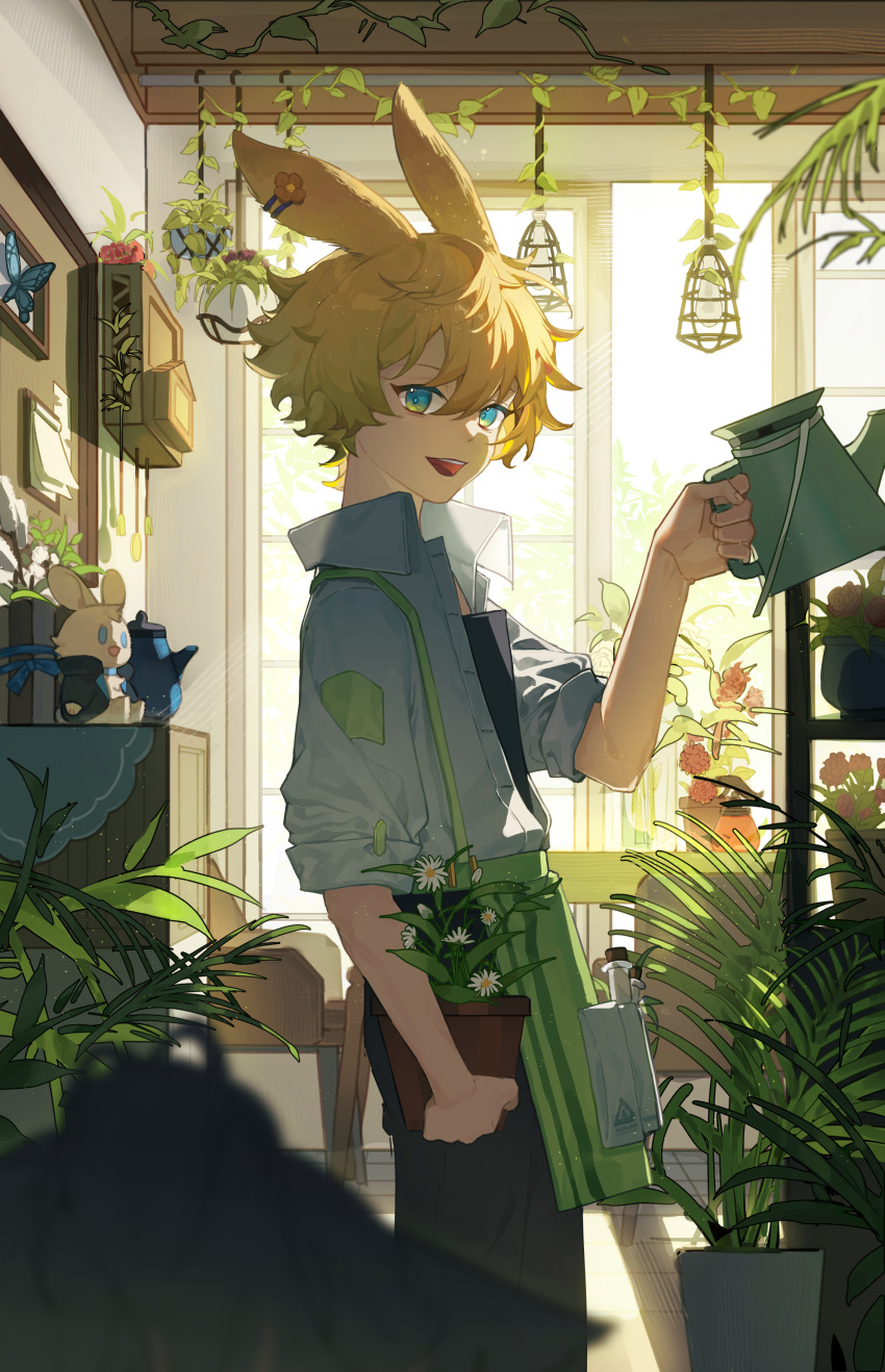 1boy, :d, absurdres, animal_ears, apron, aqua_eyes, arknights, black_legwear