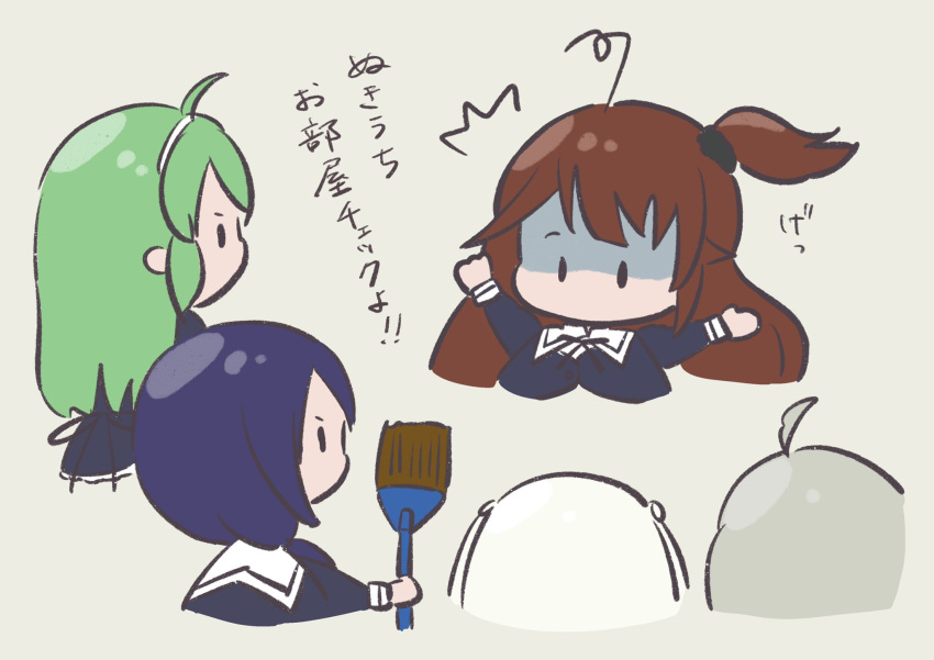 5girls, ^^^, ahoge, assault_lily, bangs, black_ribbon, broom, brown_hair