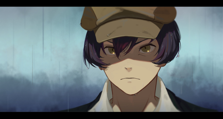 1boy, 91_days, avilio_bruno, bags_under_eyes, black_hair, brown_headwear, derivative_work, dripping, frown, hair_between_eyes, highres, letterboxed, looking_at_viewer, male_focus, outdoors, portrait, rain, screencap_redraw, serious, shenxiu, short_hair, solo, water_drop