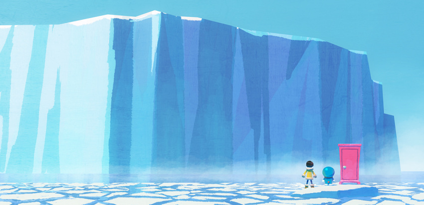1boy, arms_at_sides, black_hair, blue_pants, blue_sky, boots, clear_sky, coat