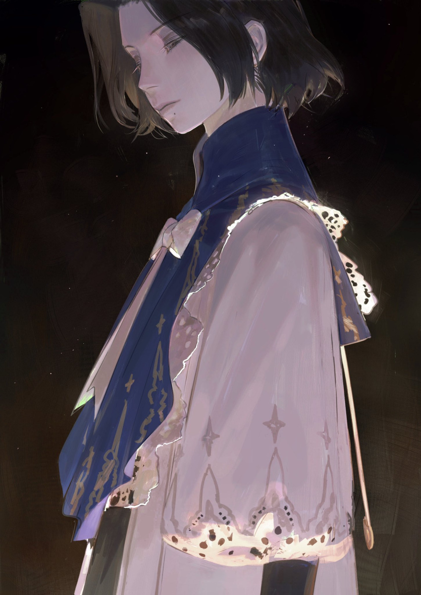 black_background, black_hair, blue_capelet, bob_cut, bow, bowtie, capelet, closed_mouth