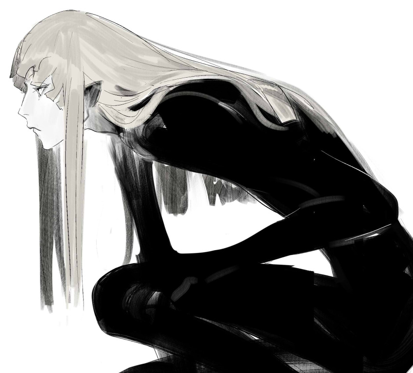 1boy, bangs, black_bodysuit, bodysuit, closed_mouth, feet_out_of_frame, from_behind, from_side