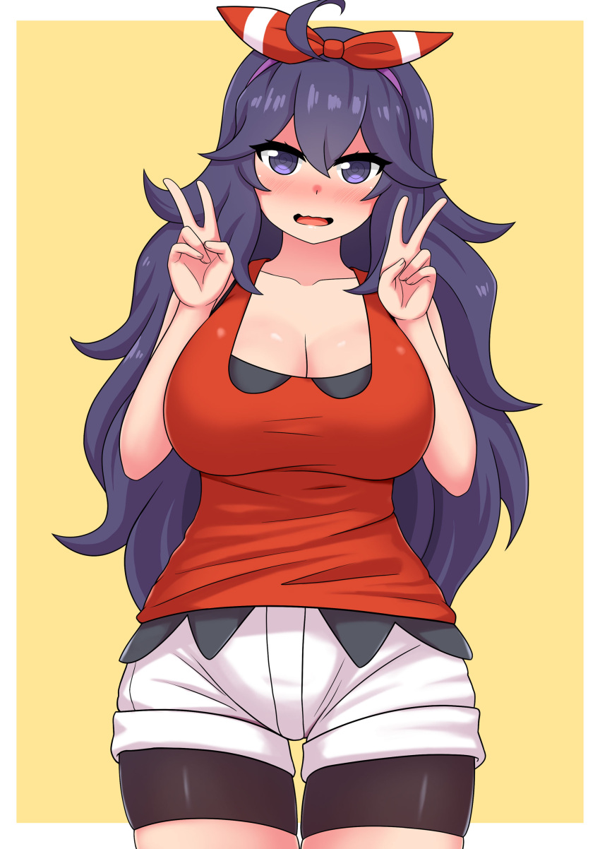 1girl, absurdres, bangs, bike_shorts, bike_shorts_under_shorts, blush, border, bow_hairband, breasts, brown_hair, collarbone, cosplay, cowboy_shot, double_v, eyelashes, hair_between_eyes, hairband, hands_up, hex_maniac_(pokemon), highres, long_hair, looking_at_viewer, may_(pokemon), may_(pokemon)_(cosplay), open_mouth, pokemon, pokemon_(game), pokemon_bw, pokemon_oras, shirt, short_shorts, shorts, sleeveless, sleeveless_shirt, smile, solo, the_only_shoe, v, violet_eyes, wavy_mouth, white_border, white_shorts