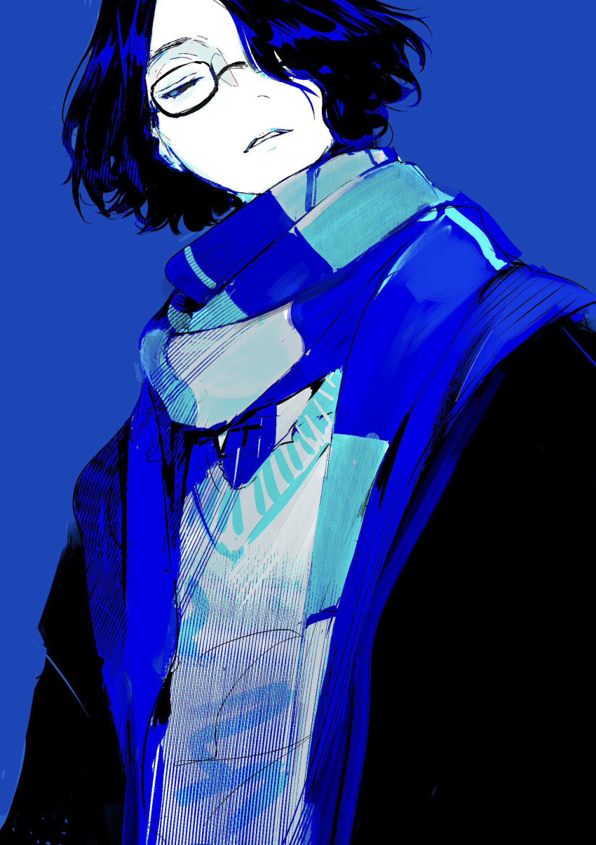 1boy, blue_theme, character_request, check_character, coat, commentary_request, daniel_page, glasses