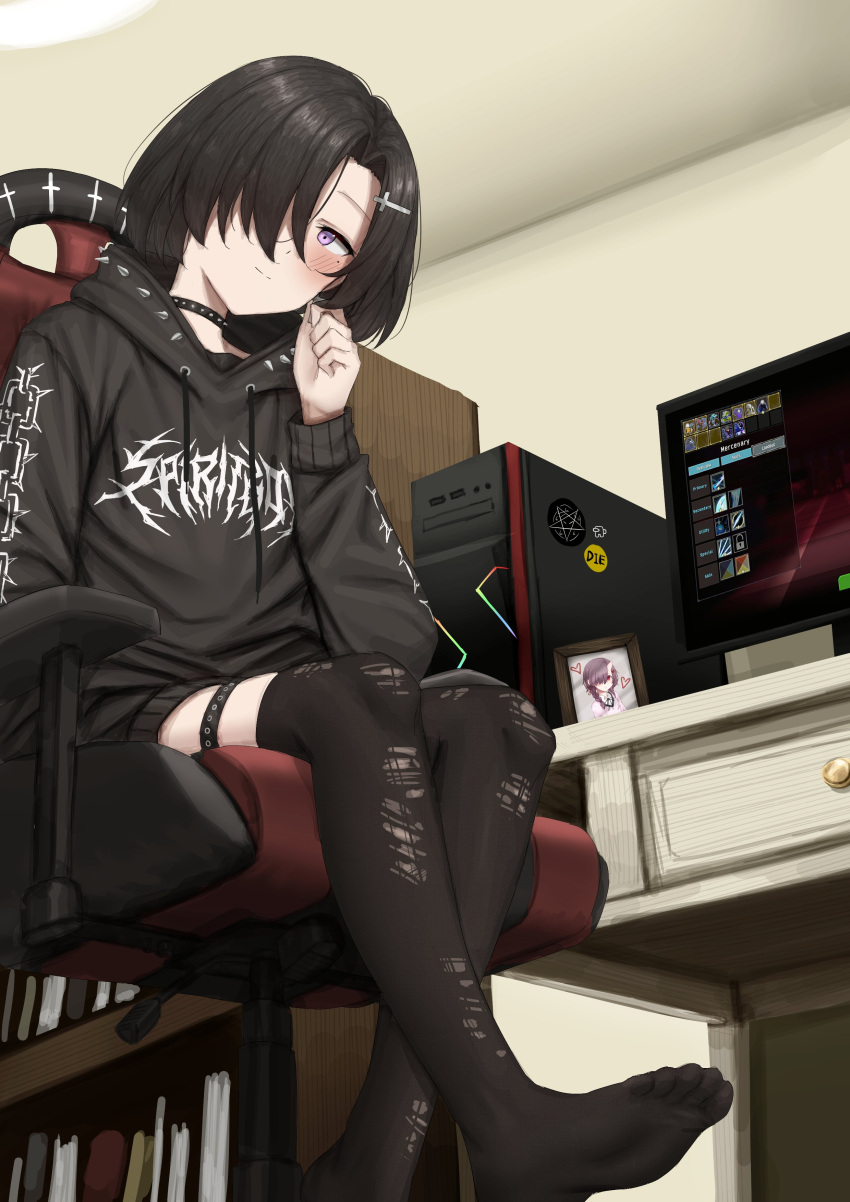 1girl, absurdres, bangs, black_hair, black_legwear, blush, bookshelf, choker