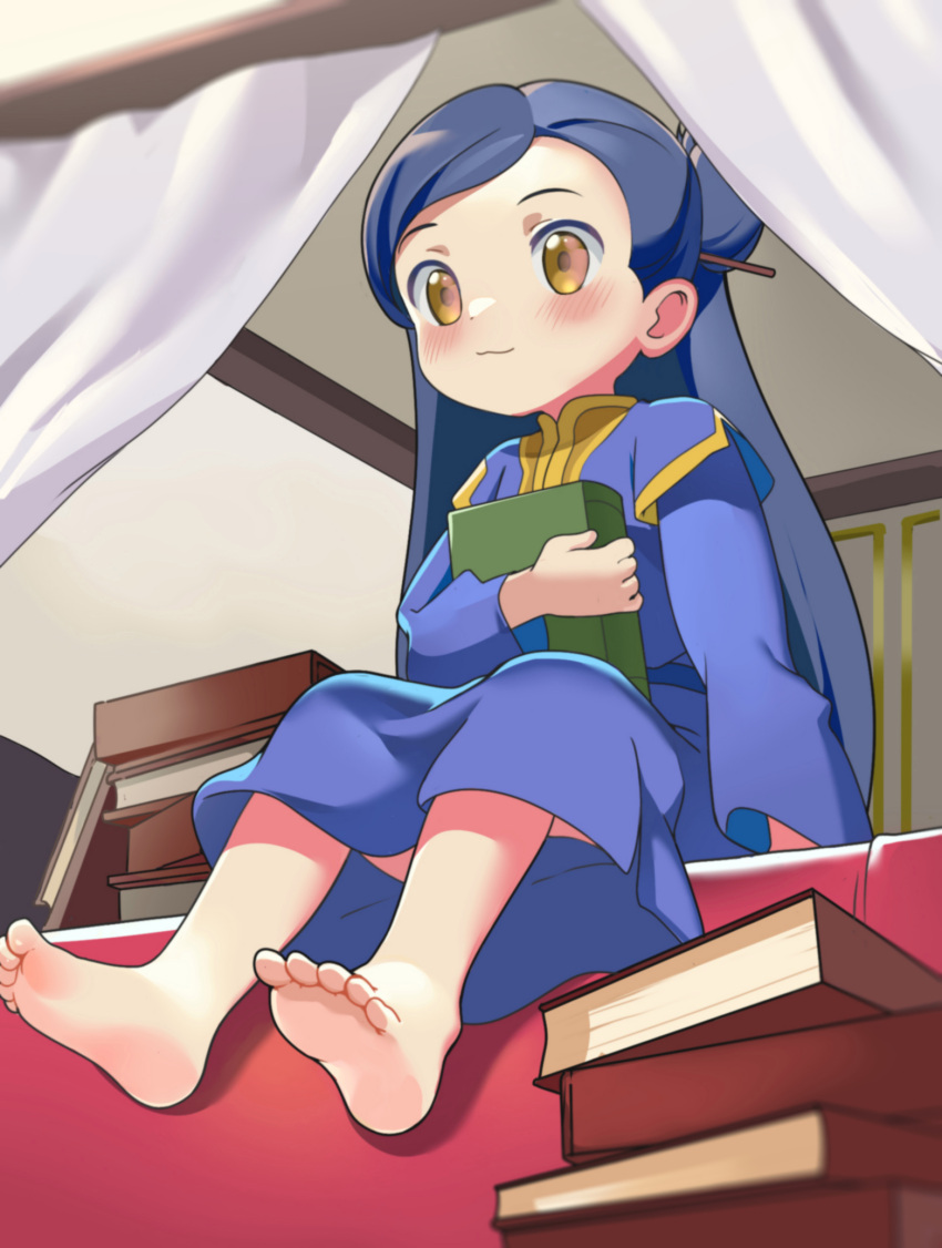 1girl, barefoot, blue_hair, book, highres, holding, holding_book, honzuki_no_gekokujou