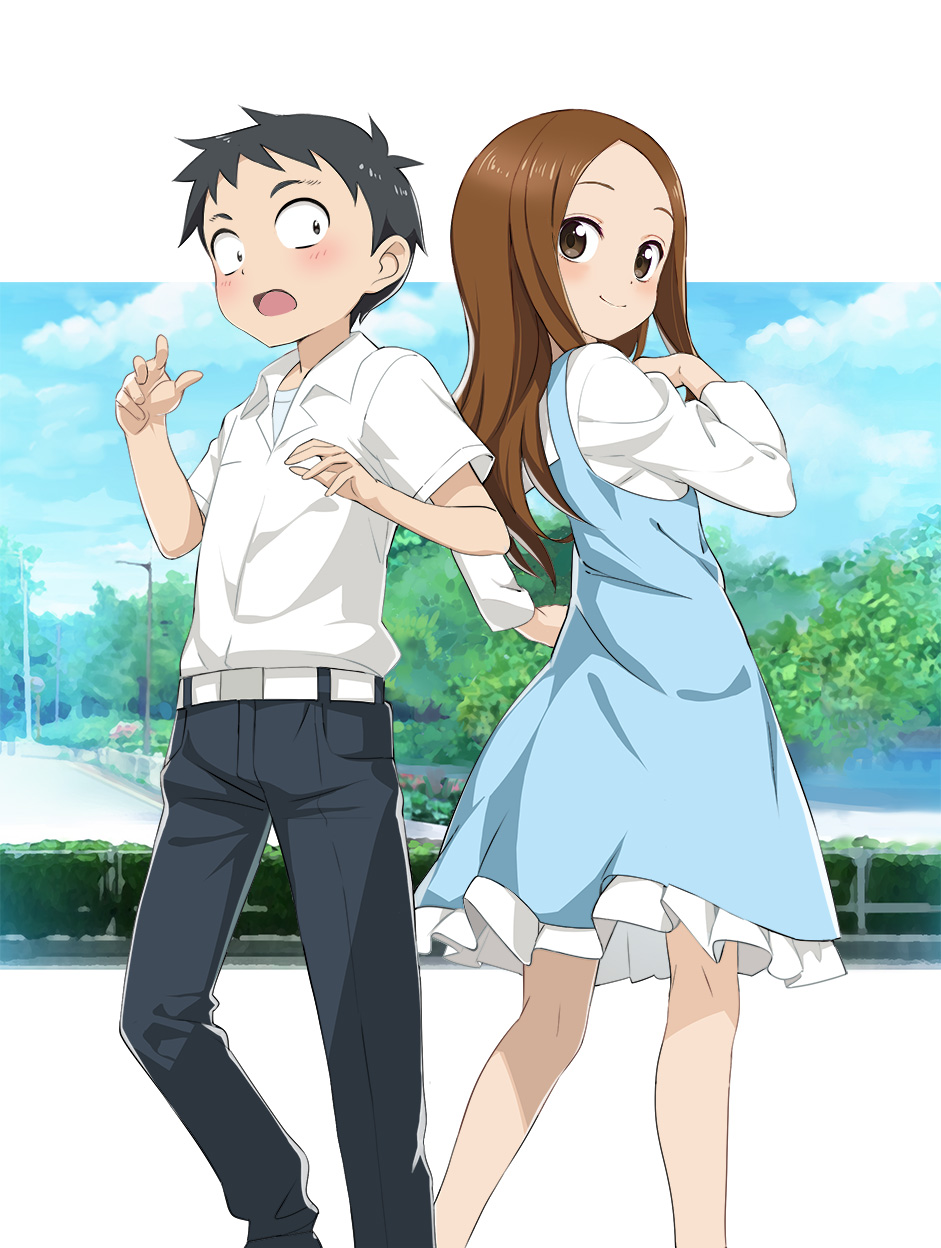 1boy, 1girl, bangs, black_eyes, black_hair, black_pants, blue_dress, blush