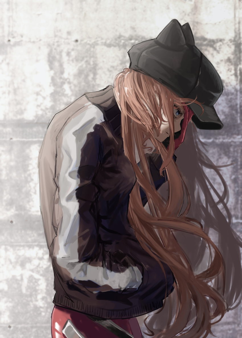 1girl, absurdres, blue_eyes, brown_hair, closed_mouth, from_side, hat, highres