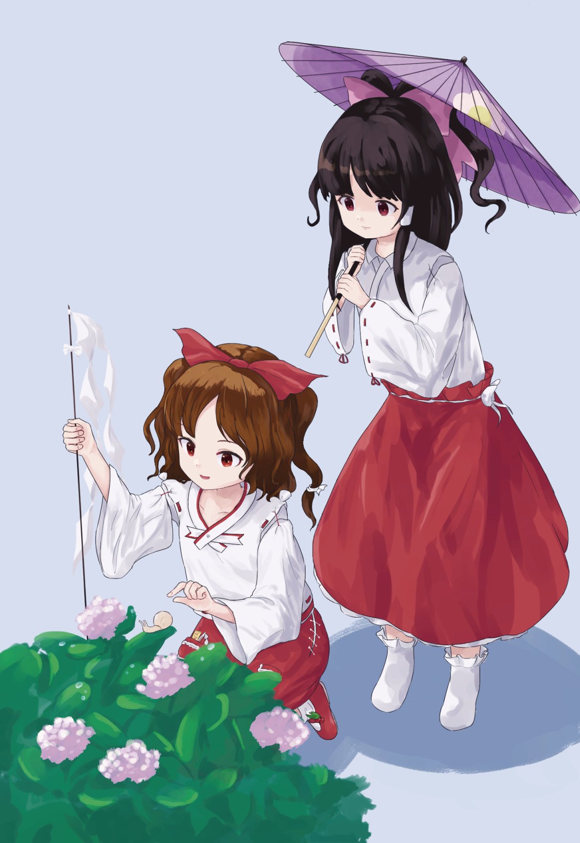 2girls, black_hair, blonde_shrine_maiden_from_a_future_era_(touhou), blue_background, bobby_socks, bow, brown_hair, bush