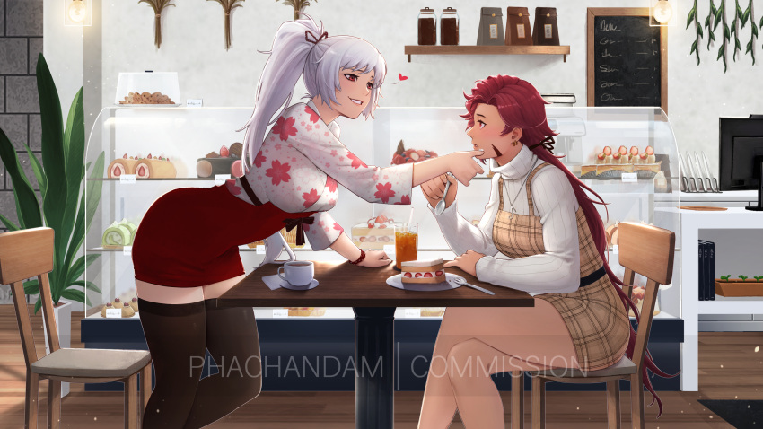 2girls, absurdres, bent_over, blush, bracelet, breasts, cafe, cake
