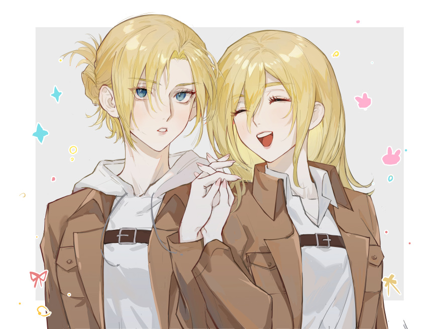 2girls, ^_^, ^o^, absurdres, annie_leonhardt, bangs, belt_buckle, blonde_hair