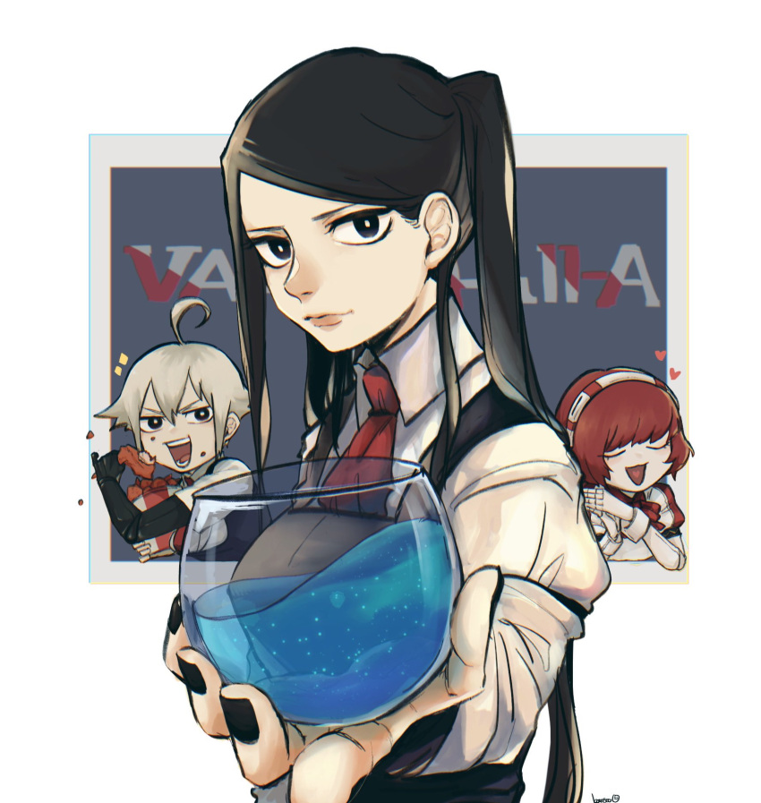 3girls, ahoge, android, bangs, bareto_73, bartender, black_eyes, black_hair, black_nails, black_vest, breasts, cocktail, cocktail_glass, collared_shirt, copyright_name, cup, cyberpunk, dana_zane, dorothy_haze, drinking_glass, eating, food, food_on_face, fourth_wall, fried_chicken, grey_hair, highres, jill_stingray, joints, lips, long_hair, looking_at_viewer, mechanical_arms, medium_breasts, multiple_girls, nail_polish, necktie, nose, outside_border, outstretched_hand, pinky_out, red_necktie, redhead, robot_joints, shirt, short_hair, single_mechanical_arm, solo_focus, swept_bangs, twintails, va-11_hall-a, vest, white_shirt