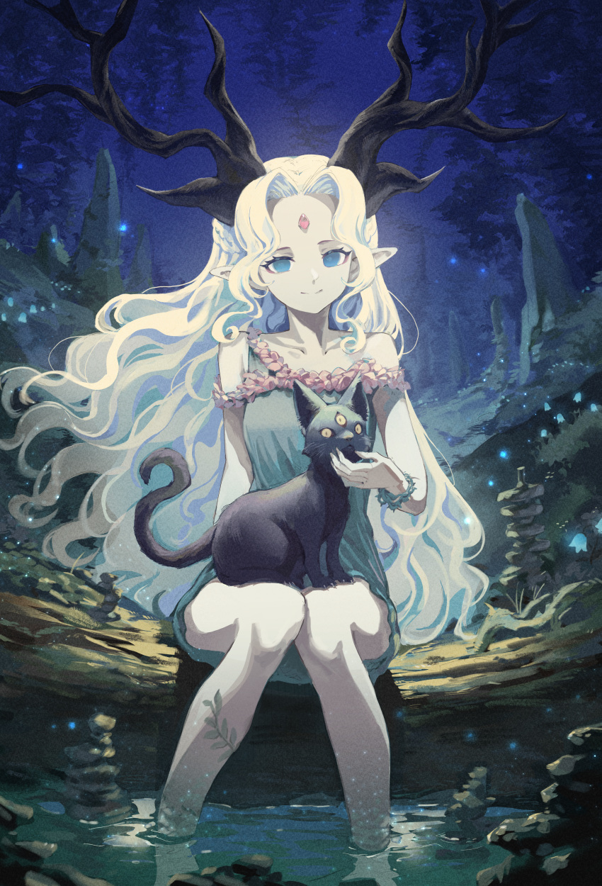 1girl, absurdres, animal_on_lap, antlers, barefoot, black_cat, blonde_hair, blue_eyes