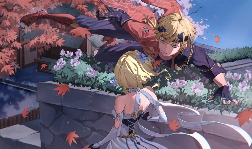 1boy, 1girl, bangs, bare_shoulders, black_jacket, blonde_hair, blue_sky, cherry_blossoms